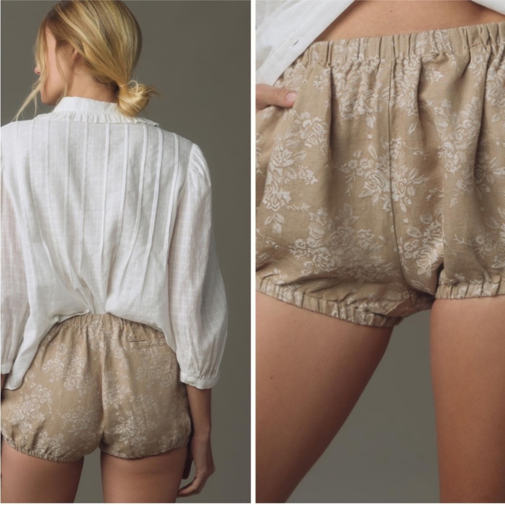 By Anthropologie linen jacquard bloomer tan shorts floral brown motif
